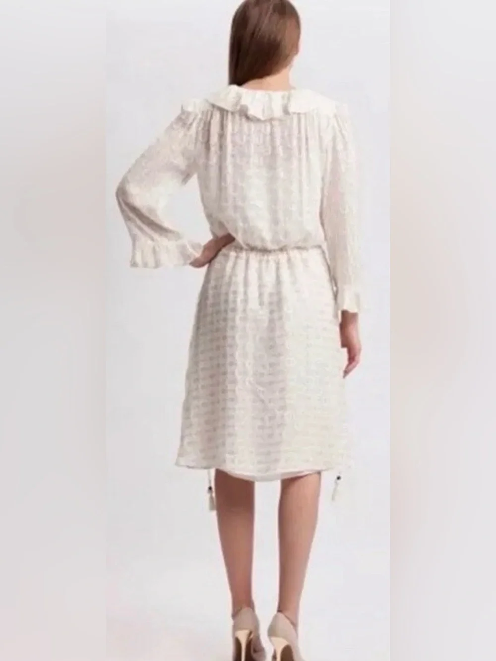 Tory Burch Jasmine Dress Ivory Gold Metallic Ruffle Silk Blend Sz 4 No slip NWT